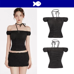 Áo trễ vai đen phối dây cột nơ DKMV hoạ tiết nhún dọc thân tay ngắn ôm dáng logo cá inox xinh xắn Emerald Top | K-T40-D