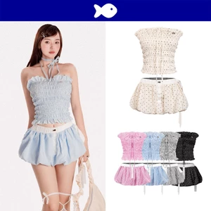 Set đồ nữ áo ống nhún và chân váy bí DKMV màu xanh dương, xám, hồng phối sọc có thắt nơ đáng yêu Striped Pumpkin |K-SET2