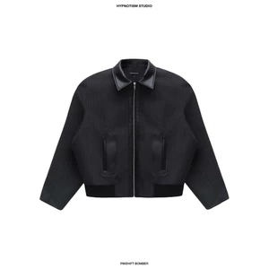 HYPNOTISM | “PINSHIFT BOMBER” - Áo Khoác Bomber Caro Xám Cổ Da Cao Cấp Form Cropped