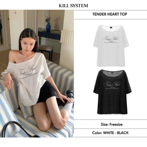 Áo thun tay ngắn lệch vai xuyên thấu Tender Heart in chữ trắng đen - Killsystem