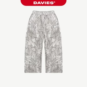 Quần nỉ bông nam nữ ống rộng DAVIES cạp chun có dây hoạ tiết lá rừng logo thêu nổi xám nhạt Commando Sweatpants | D-Q14