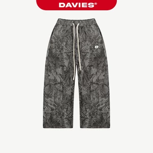 Quần ống rộng nỉ bông hiphop DAVIES lưng thun rút dây logo thêu hoạ tiết lá rừng xám đậm Commando Sweatpants | D-Q14-XD