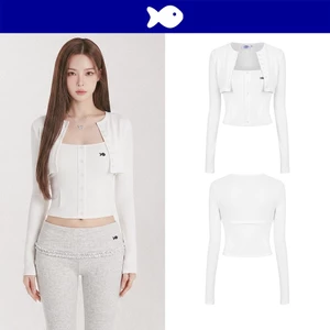 Áo 2 dây có áo khoác ngoài croptop DKMV hoạ tiết trơn đơn giản đính logo cá inox ôm màu trắng Felicite Top | K-T60-T