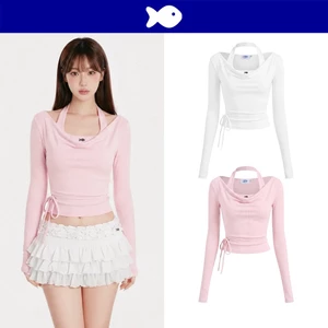 Set áo croptop phối áo tay dài cổ đổ nữ DKMV thiết kế kèm dây cột nơ eo hoạ tiết trơn đính logo cá inox Enid Top | K-T61