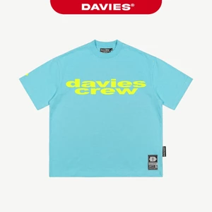 Áo thun phom rộng đường phố DAVIES màu xanh phối chữ vàng neon ngắn tay cổ tròn co giãn Aether Glow Tee | D-T54-X
