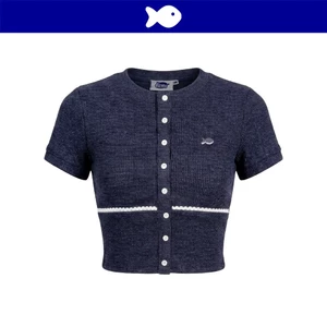 Áo croptop kiểu ôm dáng ngắn tay DKMV hàng nút cài đính ren trắng thun co giãn màu xanh Ora Set | K-SET23-T-XA