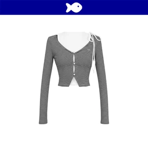 Set áo nữ dáng ba lỗ kèm áo khoác dài tay DKMV form croptop hoạ tiết sọc ngang đen trắng thắt nơ Joy Top | K-T25-SDT