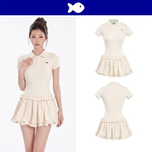 Đầm xòe ngắn cổ polo tay ngắn DKMV thiết kế đính viền bèo điệu đà đính logo cá inox màu kem Bomie Dress | K-D22-K