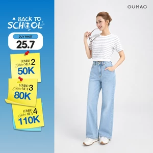 Quần Jeans Suông Nữ Gmorning - GUMAC Dài 95cm Denim Thêu Gmor Xanh Nhạt Tôn Dáng YQJE10080