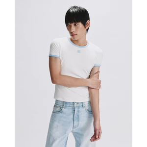 Eleven - Áo Thun Unisex Viền Tương Phản Thêu Mono | Màu Trắng Viền Xanh