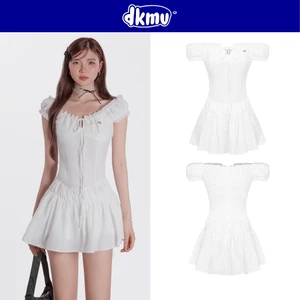 Đầm trễ vai tay bồng thắt nơ phối ren DKMV kèm quần bí màu trắng thiết kế logo cá inox đáng yêu Moonlight Dress | K-D12