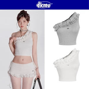 Áo lệch vai nữ sát nách dáng croptop DKMV hoạ tiết nhún bèo phối logo cá inox đáng yêu Larissa Set | K-SET6-T