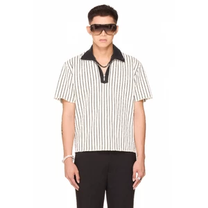 Áo polo sọc khoá kéo form boxy unisex - BEUTER® HALF ZIP STRIPED POLO - WHITE