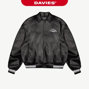 Áo khoác da nam nữ hình thêu nổi DAVIES màu đen form rộng hiphop kèm lót dù Crew Leather Varsity Jacket | D-AK25