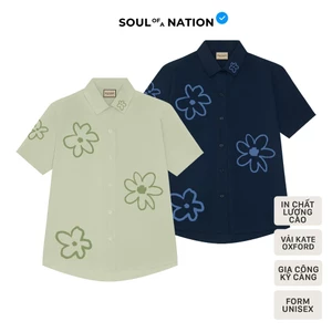 Áo Sơ Mi Tay Ngắn - IN FLOWER PATTERN unisex CAO CẤP form basic, có chất vải vô cùng mềm mại, dày dặn - Olive/Xanh Navy