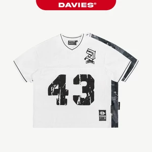 Áo hiphop nam nữ kiểu Jersey DAVIES thun lưới cổ V thiết kế hình in phối logo thêu cách điệu form rộng tay lỡ