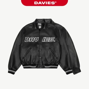 Áo varsity jacket nam nữ vải da DAVIES local brand chống nước màu đen form rộng thêu chữ