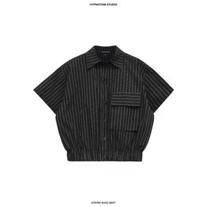 HYPNOTISM | “STRIPED BAND SHIRT” - Áo sơ mi tay ngắn dáng rộng bo gấu - vải cotton nhăn hoạ tiết kẻ sọc unisex