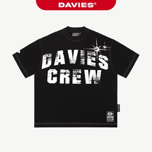 Áo thun form rộng chỉ nổi in chữ DAVIES màu đen nam nữ tay lỡ cotton Highlight Tee| D-T25