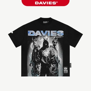 Áo thun cotton nữ nam in tràn viền DAVIES form rộng tay lỡ màu đen Tee Horns Sign I D37-T5