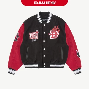 Áo varsity nỉ đen phối tay đỏ DAVIES thêu họa tiết full 2 mặt form rộng nút bấm Camping Club Bomber Jacket| D-AK11