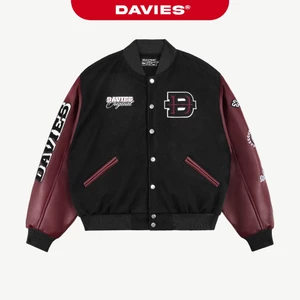 Áo khoác varsity phối tay da đỏ DAVIES hình thêu nổi thiết kế nút bấm nỉ lót dù hiphop Heritage Bomber Jacket| D-AK10-DO