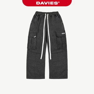 Quần jean túi hộp nam nữ logo inox DAVIES lưng thun dây rút form rộng thêu chữ túi sau Denim Cargo Pants| D-Q1