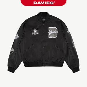 Áo varsity jacket nam nữ dù DAVIES logo thêu dù nổi, thêu da nổi, tay phối da màu đen Varsity Jacket Academy | D34-AK4
