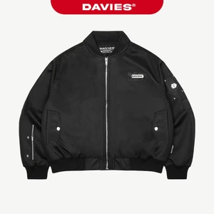 Áo bomber jacket tay nhún khóa kéo DAVIES dù 2 lớp thêu chữ phối da nhiều chi tiết kim loại túi có trong Metallic| D-AK7