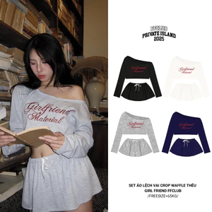 [CÓ TÁCH SET] ÁO LỆCH VAI TAY DÀI FROM CROP WAFFLE THÊU GIRL FRIEND & CHÂN VÁY XÒE BỒNG BỀNH mix