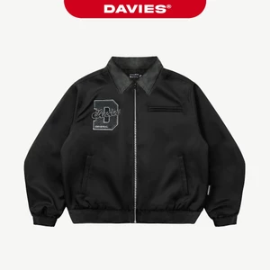 Áo khoác dù 2 lớp phối cổ nhung DAVIES thêu logo D dây kéo màu đen logo su có túi trong D Harrington Jacket| D34-AK6