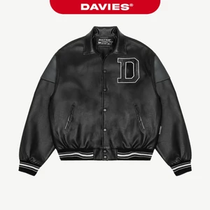 Áo khoác varsity jacket da DAVIES nam nữ local brand thêu logo màu đen BMG Leather | D22-AK4