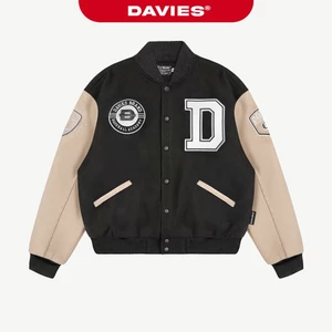 Bomber jacket bóng chày DAVIES nỉ, kaki đen phối tay be form rộng 2 lớp thêu logo phong cách đường phố
