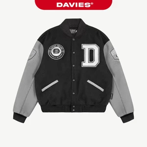 Áo bomber jacket đen phối tay xám Davies thêu logo nổi đường cắt bụi bặm nỉ và kaki thiết kế nút bấm Baseball Academy