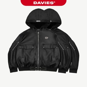 Áo khoác bomber có mũ nhiều túi DAVIES khóa kéo chất liệu da, dù túi hộp tay áo Double Box Hooded Bomber Jacket | D-AK9