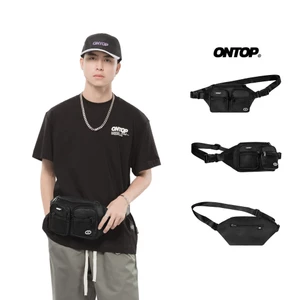Túi bao tử đeo bụng vải canvas ONTOP màu đen phối lưới nhiều ngăn local brand nam nữ Mesh Bumbag | O-B64
