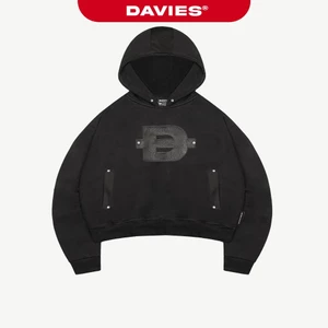 Áo hoodie nam nữ form rộng DAVIES hình thêu da nổi túi áo đính nút kim loại mũ to có nút bấm màu đen Rivet | D-HD3
