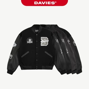 Áo khoác varsity jacket DAVIES nam nữ màu đen phối tay da form rộng hình thêu đẹp