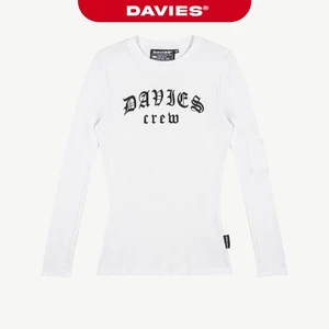 Áo thun nữ ôm body dài tay DAVIES hình in chữ sắc nét tay phối túi chất thun rip lụa mịn màu trắng Grave Top | D-T50-T