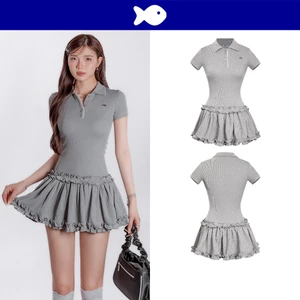 Đầm polo nữ tay ngắn dáng xòe DKMV hoạ tiết phối viền bèo hàng cúc đính ren điệu đà màu xám Bomie Dress | K-D22-X