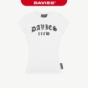 Áo thun nữ form ôm body dáng dài DAVIES cổ tròn thiết kế hình in chữ thun rip lụa màu trắng Gothic Crew Top | D-T47-T