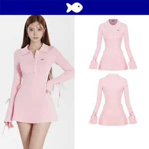 Đầm dài tay dáng ngắn cổ polo DKMV tay loe thắt nơ điệu đà hàng cúc phối ren tinh tế màu hồng Jina Dress | K-D39-H
