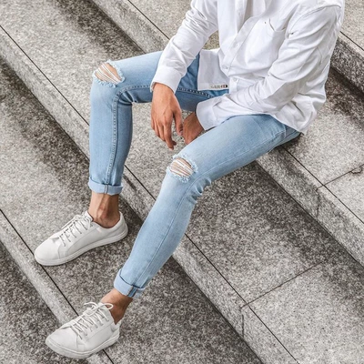 Quần jean nam quần bò xanh nhạt rách hai bên kiểu thời trang chất jean co dãn hàng chuẩn như hình ms888