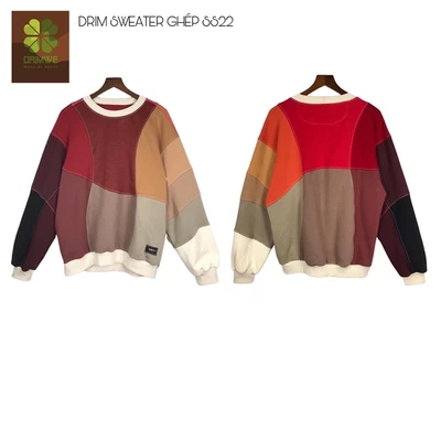 Áo sweater nỉ unisex DRIMWE GHÉP SS22 phối màu đỏ,Áo nỉ sweater nam nữ form rộng