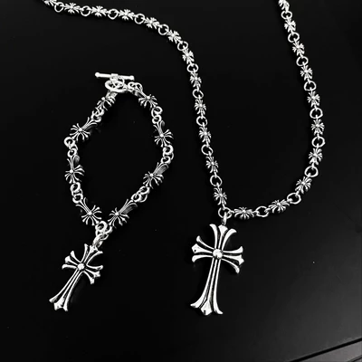 Set Dây Chuyền & Vòng Tay Chữ Thập Họa Tiết Hip Hop -FLORAL-CROSS