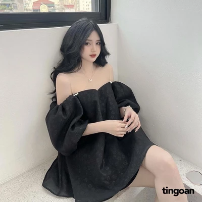 TINGOAN® - Áo trễ vai babydoll phối lưới vân hoa hồng đen 3 lớp vải ROSIE ANGLES TOP/BL