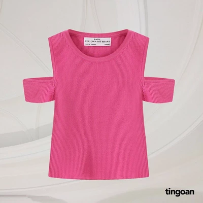 TINGOAN® - Áo len xù ngắn tay dáng lửng khoét vai hồng BE MINE TOP/PK