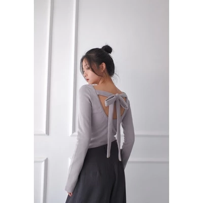 Áo thun tay dài thắt nơ Melancholy màu xám
