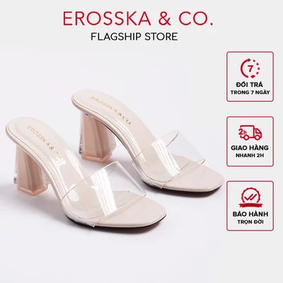 Erosska - Dép mule cao gót quai trong mũi vuông gót trong màu nude cao 9cm - EM040