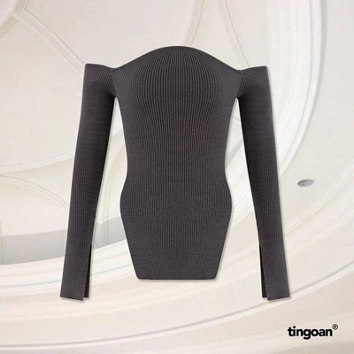 TINGOAN® - Áo len xù trễ vai lượn viền ngực xẻ vạt thân và tay xám KISS ME AGAIN TOP/GR